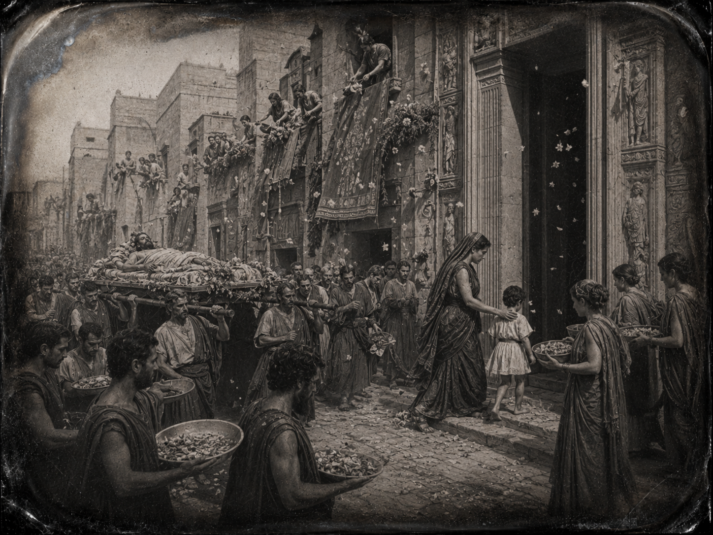 Un cortejo f&uacute;nebre atraviesa las calles de Troya. Mujeres en los balcones arrojando flores. Andr&oacute;maca con Astianacte en t&uacute;nica blanca entrando al templo.