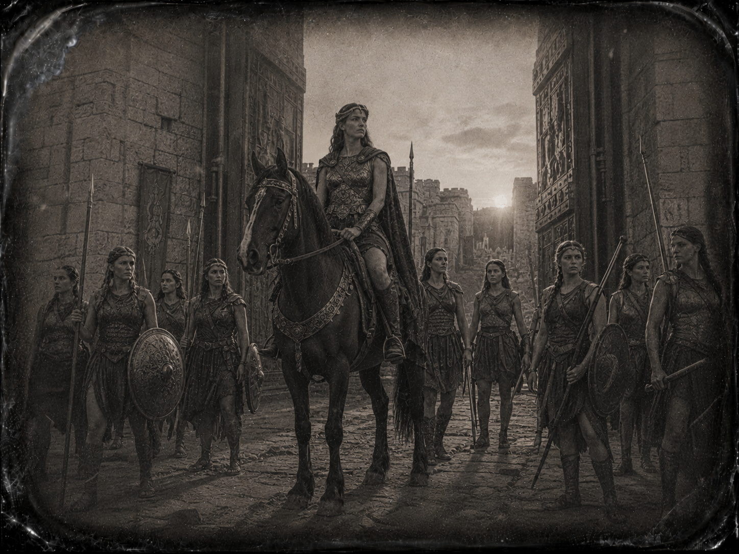 La reina amazona a caballo. A su alrededor, una decena de guerreras armadas. Las puertas de Troya abiertas a sus espaldas, al amanecer.
