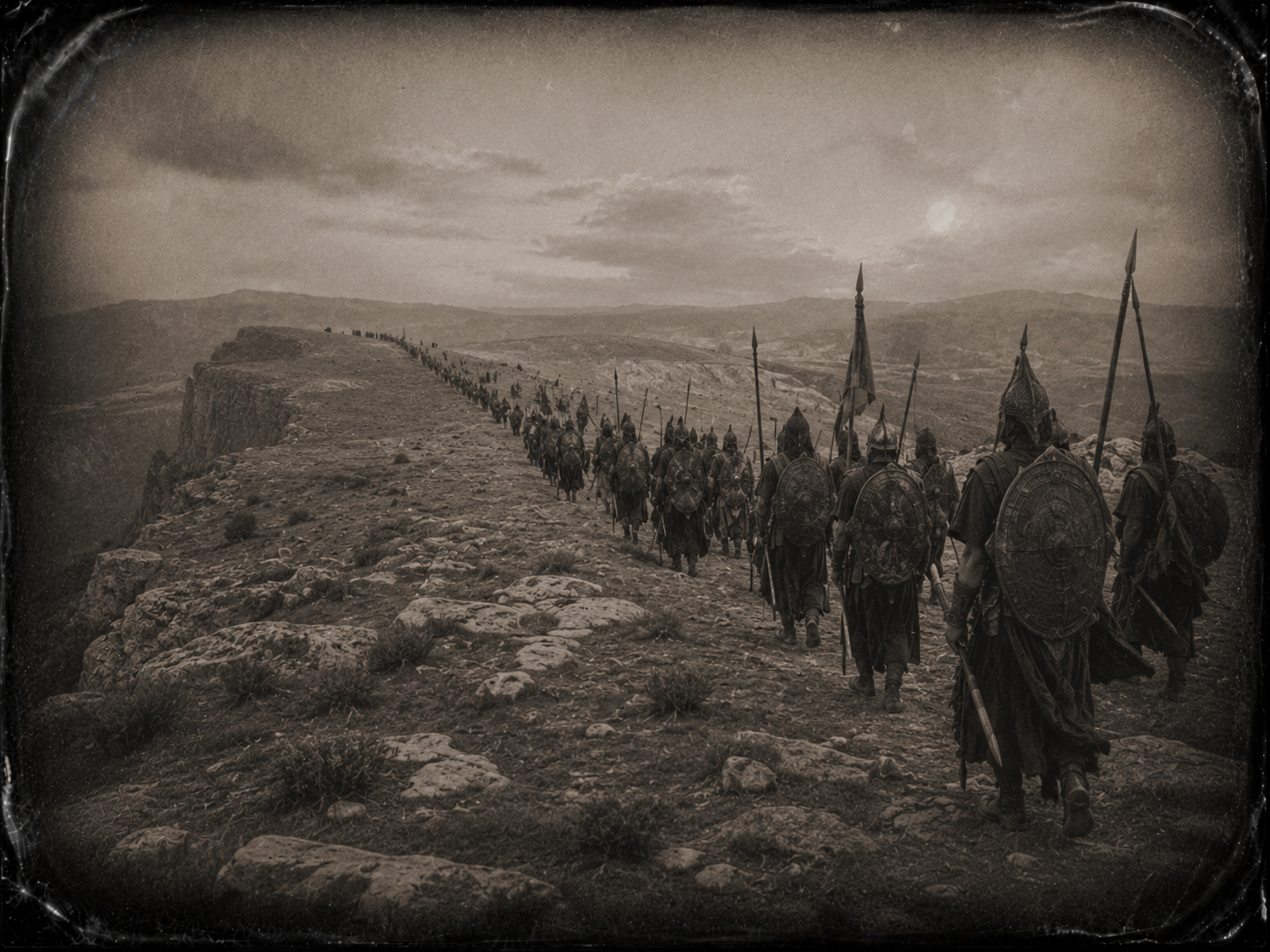 Una columna de hombres con vestiduras oscuras y armas no locales atraviesa un altiplano. Una larga fila que se pierde en el horizonte.