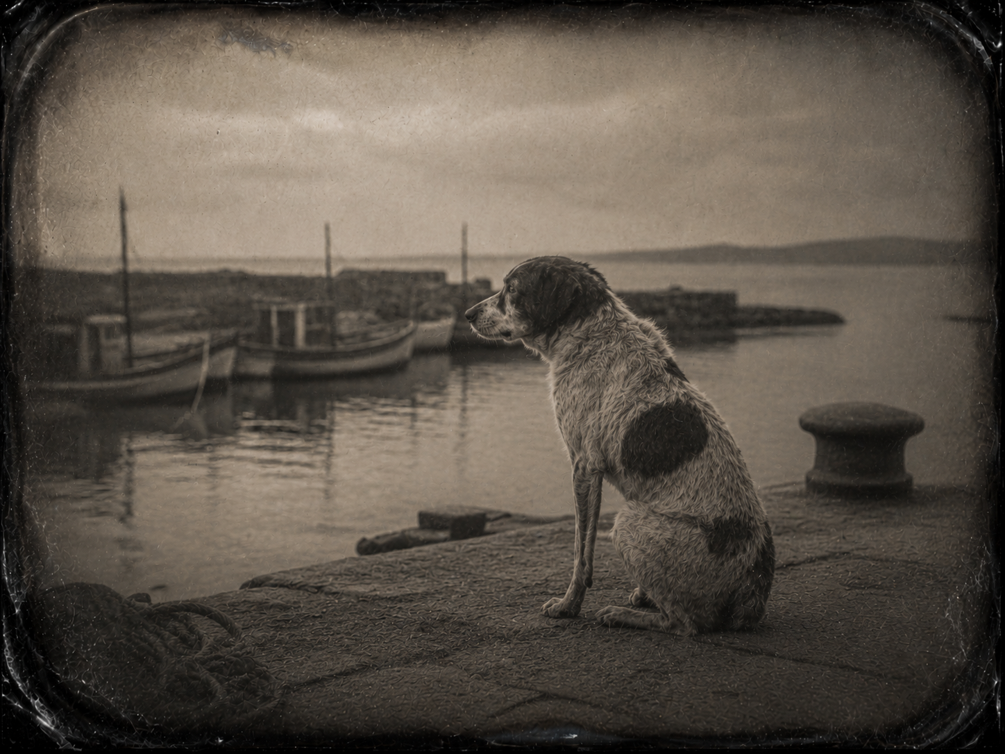 Un perro viejo sentado en el muelle de un peque&ntilde;o puerto. Barcas de pesca a sus espaldas. Mira el horizonte.
