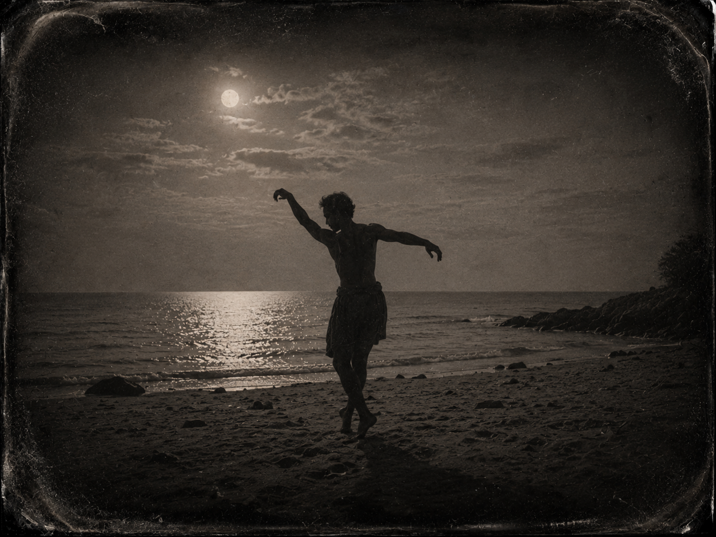Silueta de un joven que baila solo en la playa de noche, iluminado por la luna. Improvisando.