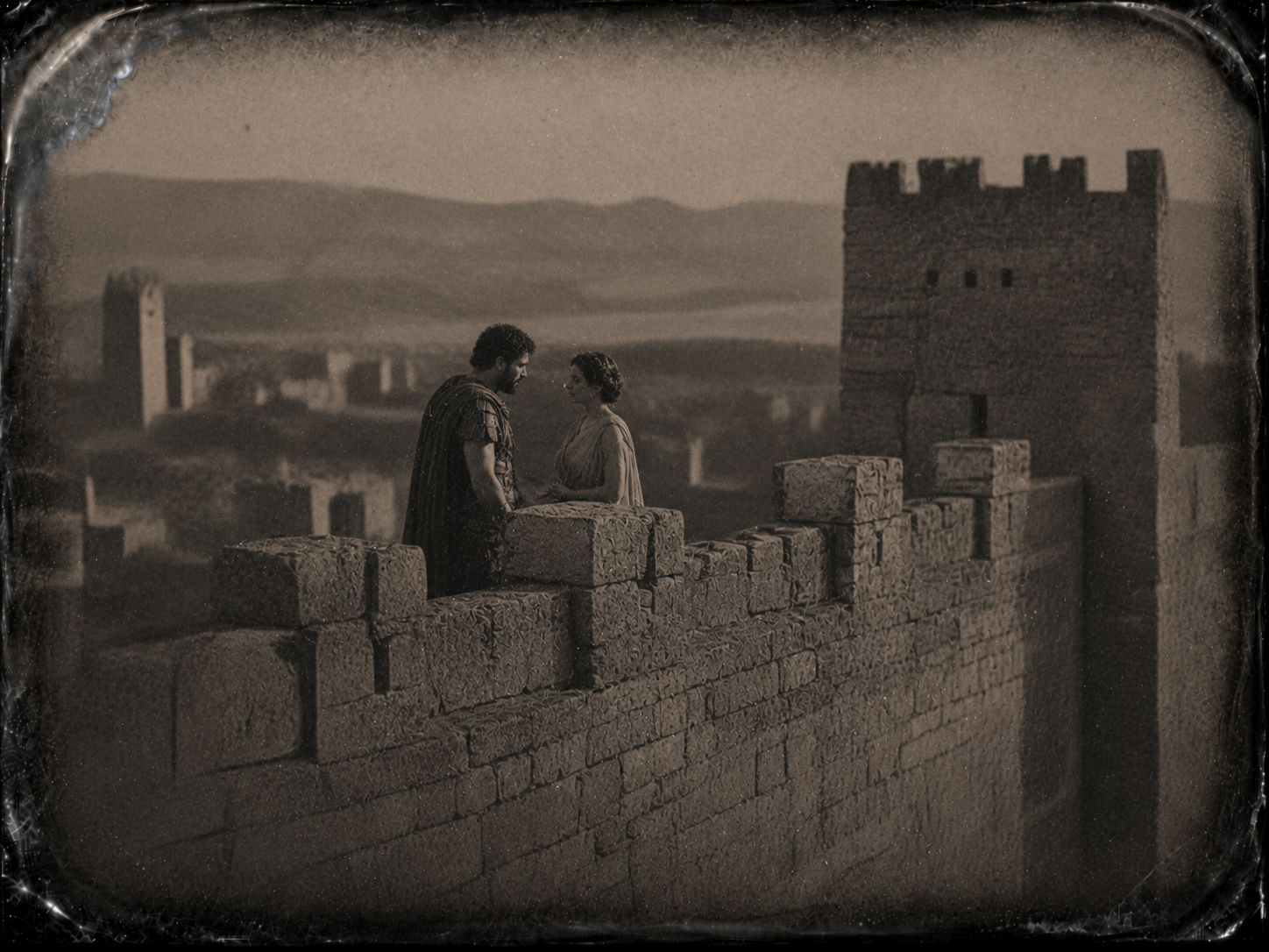 Helena en conversaci&oacute;n en las murallas con H&eacute;ctor. Sol bajo. Tomada desde lejos y con teleobjetivo.