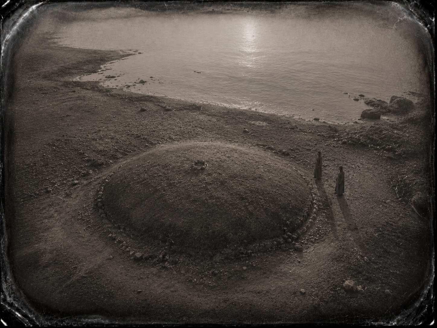 Un mont&iacute;culo de tierra apisonada en la orilla, desde arriba. Dos figuras de pie junto al t&uacute;mulo al amanecer.