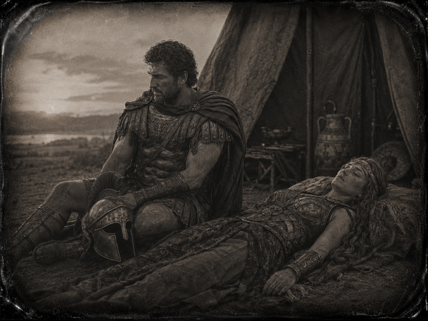 El comandante aqueo sentado en el suelo, junto al cuerpo tendido de la reina amazona. Sostiene el casco en la mano. Su mirada no se dirige a la c&aacute;mara.